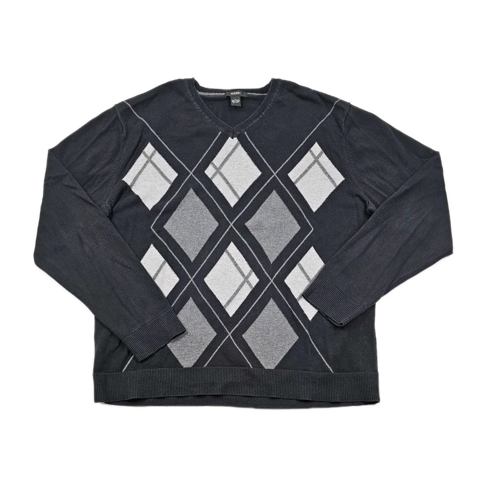 Alfani Mens Large Black Grey White Argyle Diamond Pullover V neck Light Sweater
